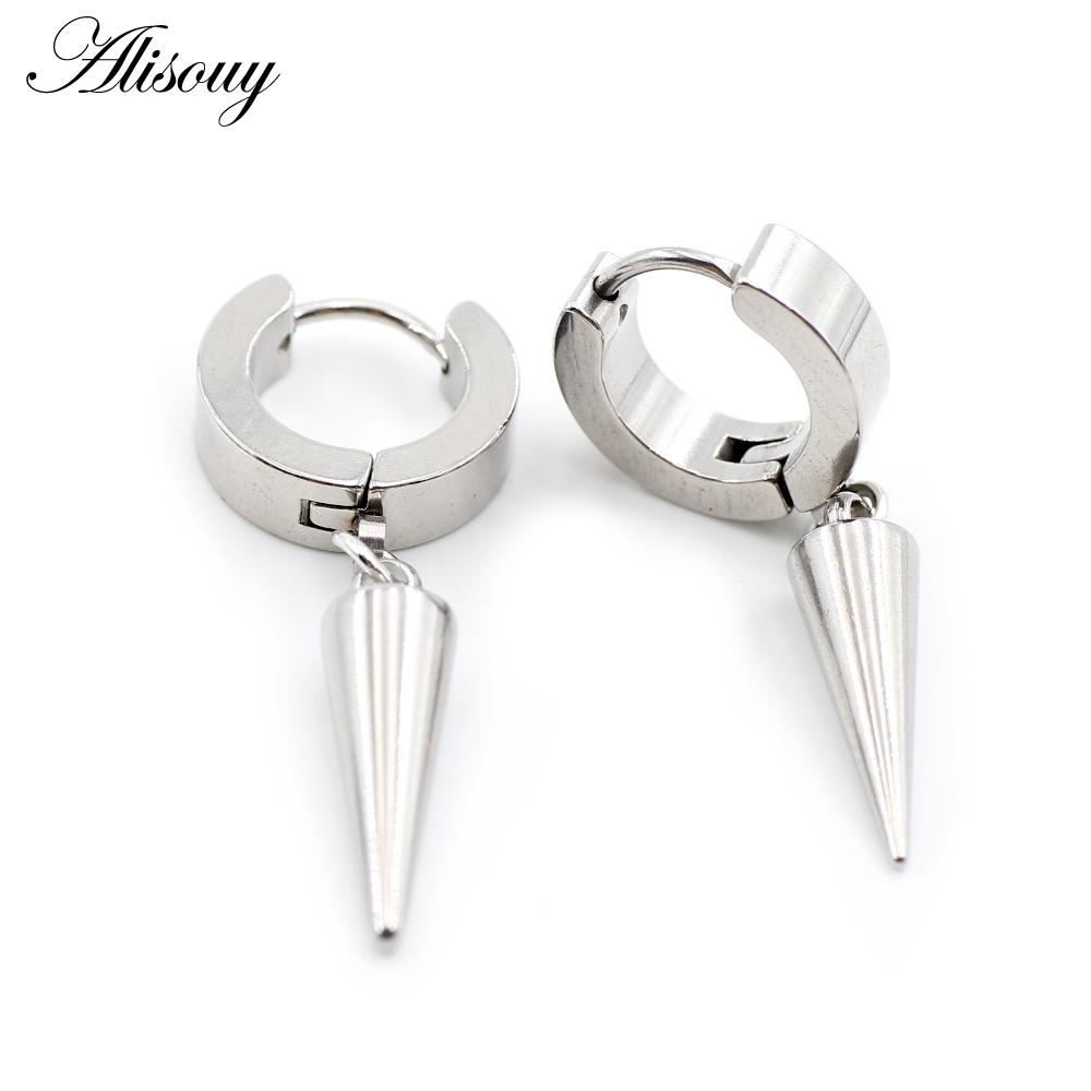 Alisouy 2PCS Stainless Steel Star Cross Snake Spike Skull Sword Blade Chain Feather Spider Dangle Women Men Huggie Hoop Earrings