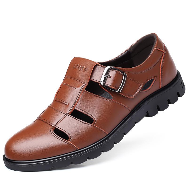 Men'S Cowhide Sandals Men'S Casual Leather Shoes Hollow And Breathable Middle-Aged And Elderly Bag Head Hole Shoes Genuine Leather
