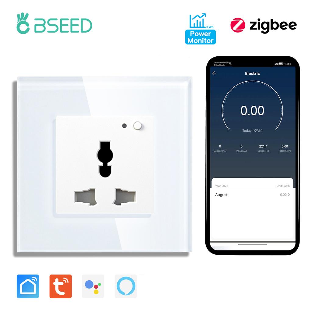 BSEED Zigbee Soquetes Inteligentes Universais Monitor de Potência Soquete de Energia Multifuncional Controle por App Tuya Smart Life Alexa Estrutura de Vidro