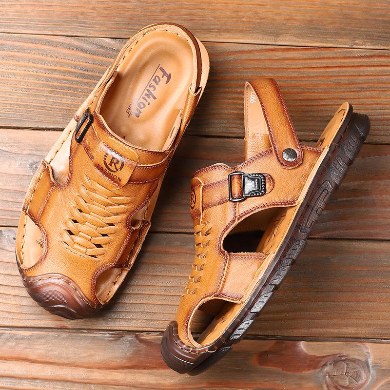 The First Layer of Cowhide Bag Head Sandals, Men's New Genuine Leather Summer Beach Shoes, Soft Soles, Beef Tendon Soles, and Father's Cool Slippers