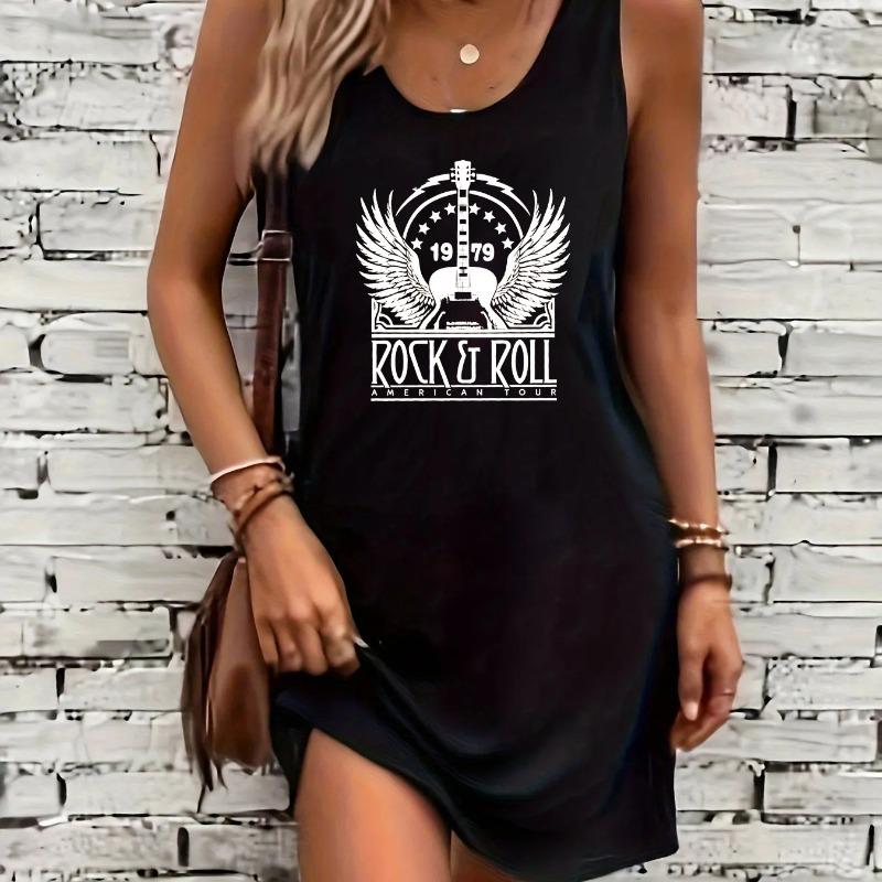 Women's Summer Loose and Comfortable Casual Heart-shaped Pattern Printed Black Sleeveless Vest Dress Punk Style Dress