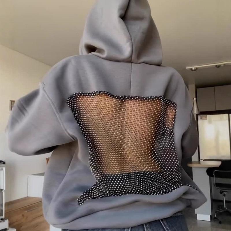 Hooded Harajuku Sweatshirt Women Autumn Trend Backless ShinyThrea Mesh Patchwork Casual Street Hipster Pulloverr