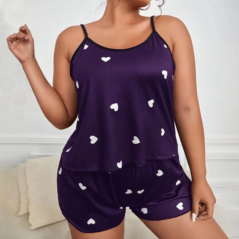 Conjunto de Pijama Feminino Plus Size com Estampa de Corações Top Cropped Sem Mangas com Decote O & Shorts de Cintura Elástica 2 Peças Roupa de Dormir Feminina