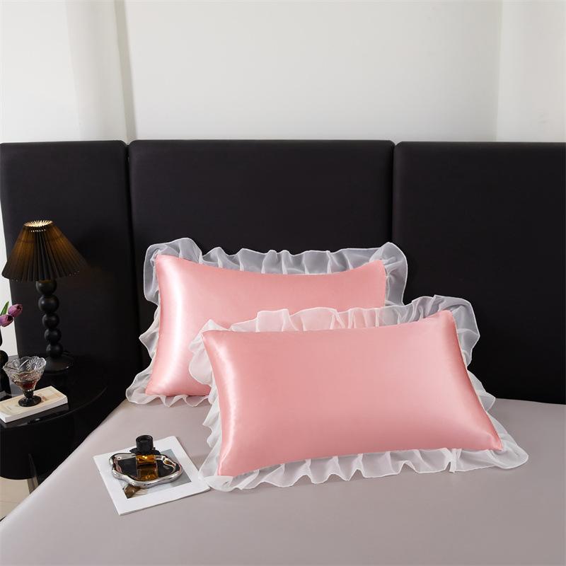 

2pc Ruffle SILKY SATIN Pillowcase Woven Lace Active Printing, Machine Washable, Craft Style Pleated Envelope Pillowcase 48x74cm