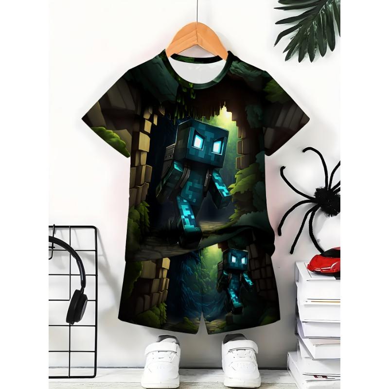 

6pcs boy suit fashion 3D printed casual suit short sleeve shorts T-shirt, boy outdoor T-shirt shorts suit, suitable for outdoor., Perfect for Outdoor 110cm