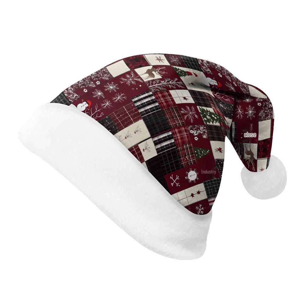 2024 Christmas Double-Sided Plush Hat with Holiday Print for Adults and Children