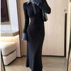 2026 Women's Black Patchwork Polo Collar Knit Dress, Autumn/Winter Long Sleeve, Waist-Cinching Retro Long Skirt.