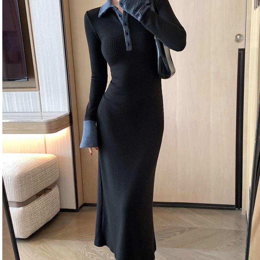 2026 Women's Black Patchwork Polo Collar Knit Dress, Autumn/Winter Long Sleeve, Waist-Cinching Retro Long Skirt.