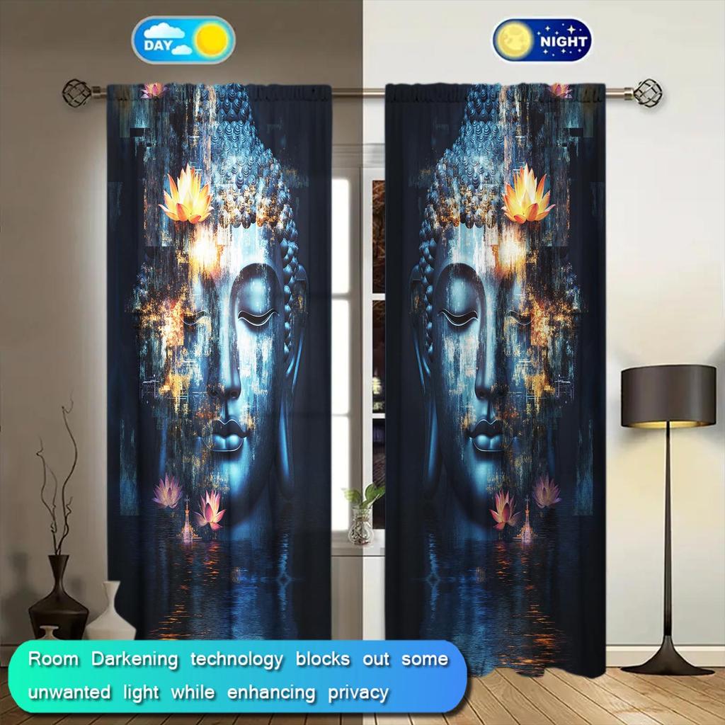 2-Panels Shakyamuni Buddha Lotus Flower Decorative Curtains   Semi Transparent Without Lining   Durable Polyester Fiber Curtains