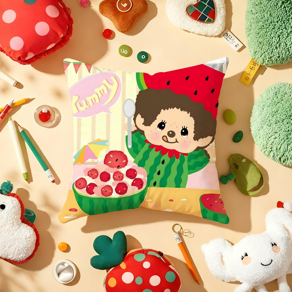 Cartoon M-Monchhichis Cushion Cover Plush Fabric Soft Double-Sided Printed Sofa Warm Winter Home Gift Pillow Cover