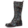 Fashion Women 'S Knee High Boots Soft Microfiber Leather Print Ladies Shoes Retro Style Platform Low Heel Woman Knight Long Boots
