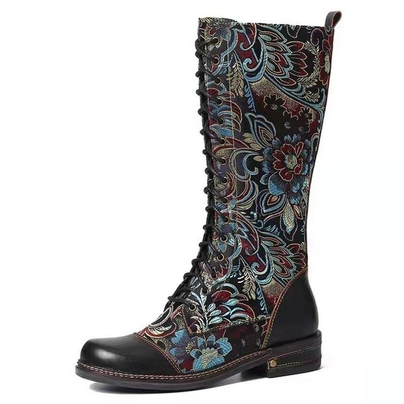 Fashion Women 'S Knee High Boots Soft Microfiber Leather Print Ladies Shoes Retro Style Platform Low Heel Woman Knight Long Boots