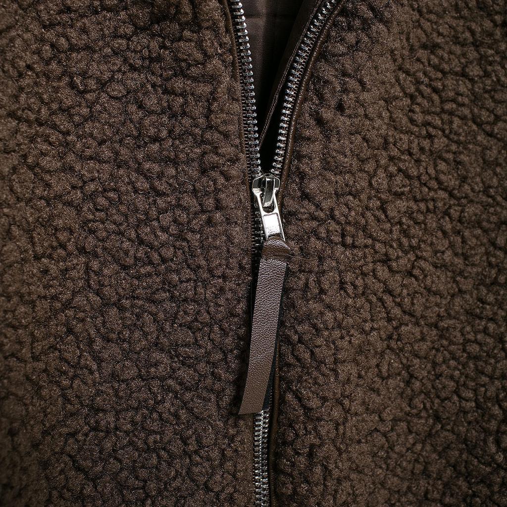 Giacca Cardigan da Donna Versatile Larga con Collo Rialzato in Velluto Teddy e Zip Doppia, Stile Europeo e Americano