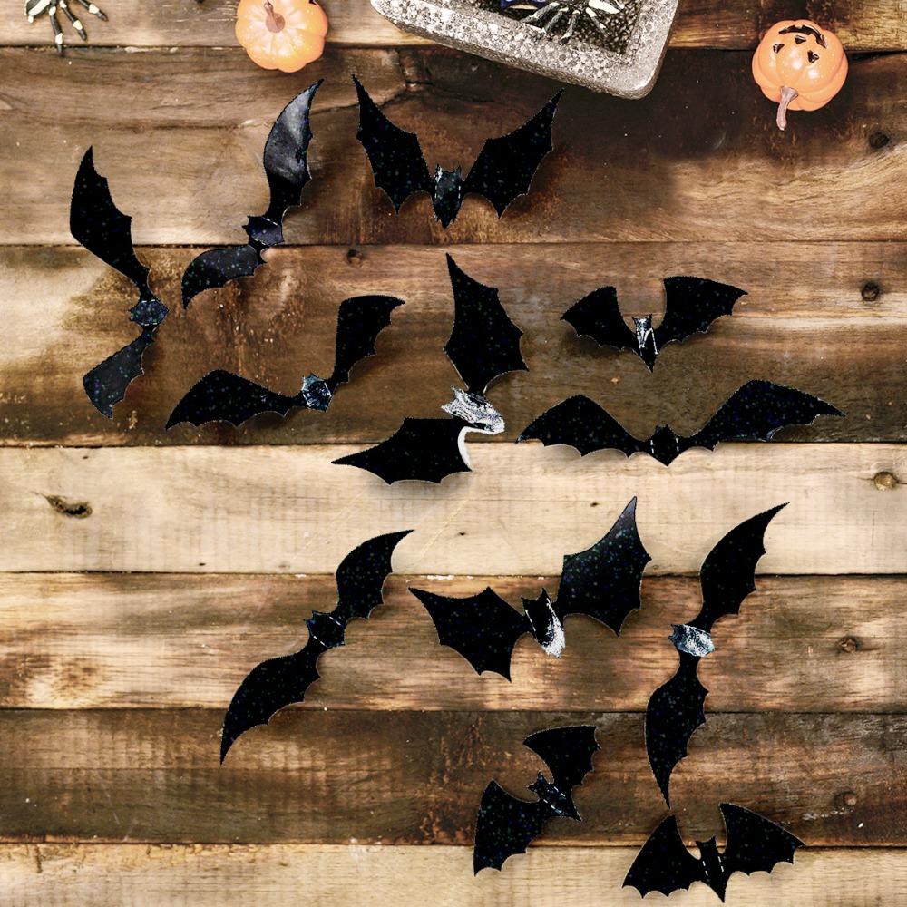 12 Stück/Set Doppellagige Halloween 3D Fledermaus Aufkleber Totenkopf Muster Selbstklebend Schmetterling Wandaufkleber PVC Halloween Fenster Aufkleber