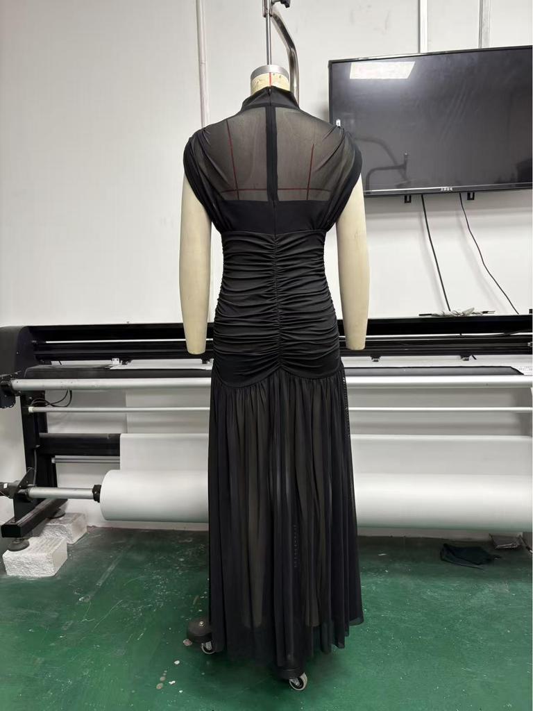 2026 European & American Women's Sexy Mesh Solid Color Hip-Hugging Summer Long Formal Dress