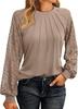 Women's Fashionable Long Sleeve Tops Lace  Ruched T-Shirt Solid Round Neck Blouses Casual Top