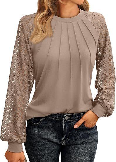 Women's Fashionable Long Sleeve Tops Lace Ruched T-Shirt Solid Round Neck Blouses Casual Top