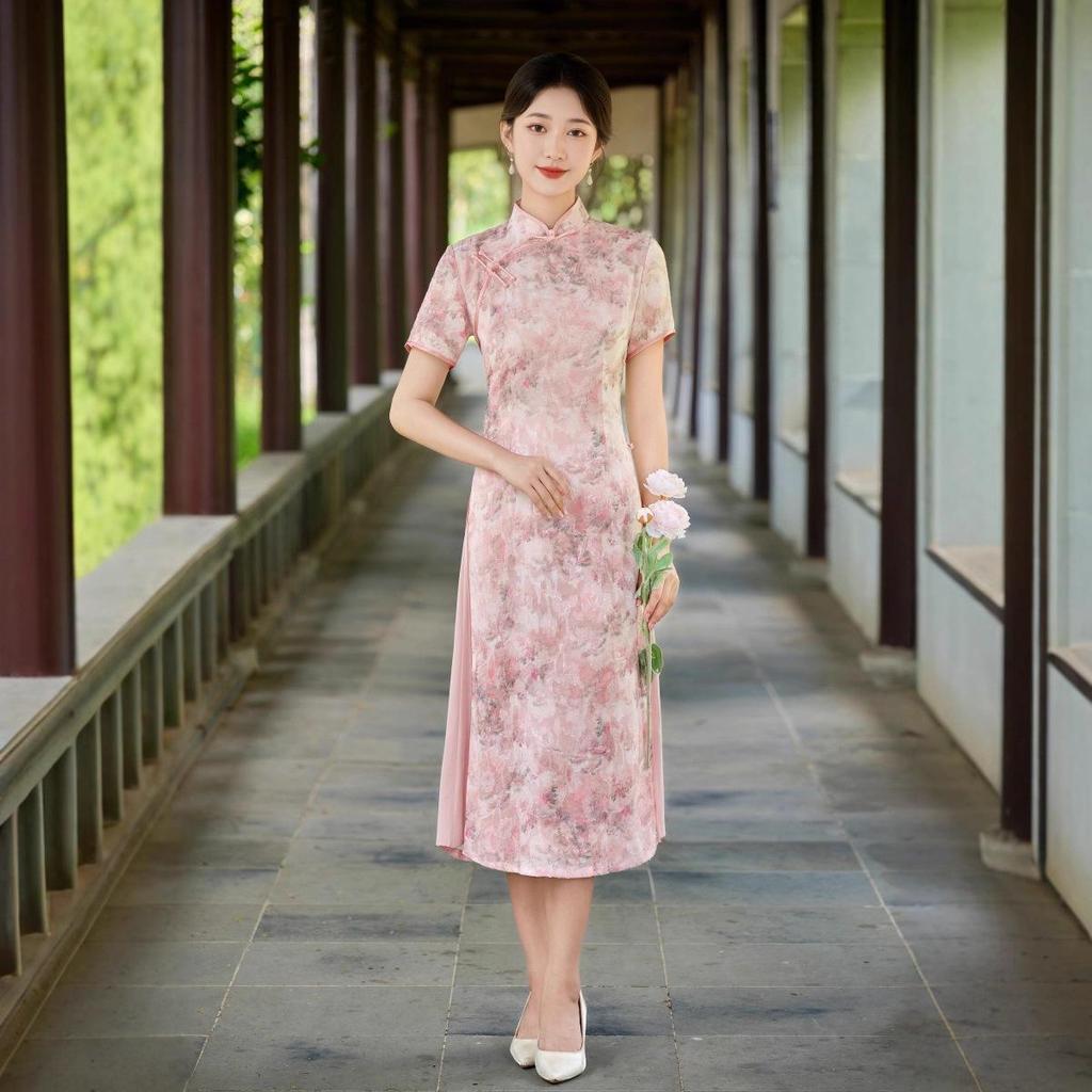 Modern Short Sleeve Long Cheongsam Dress In Literary Chinese Style