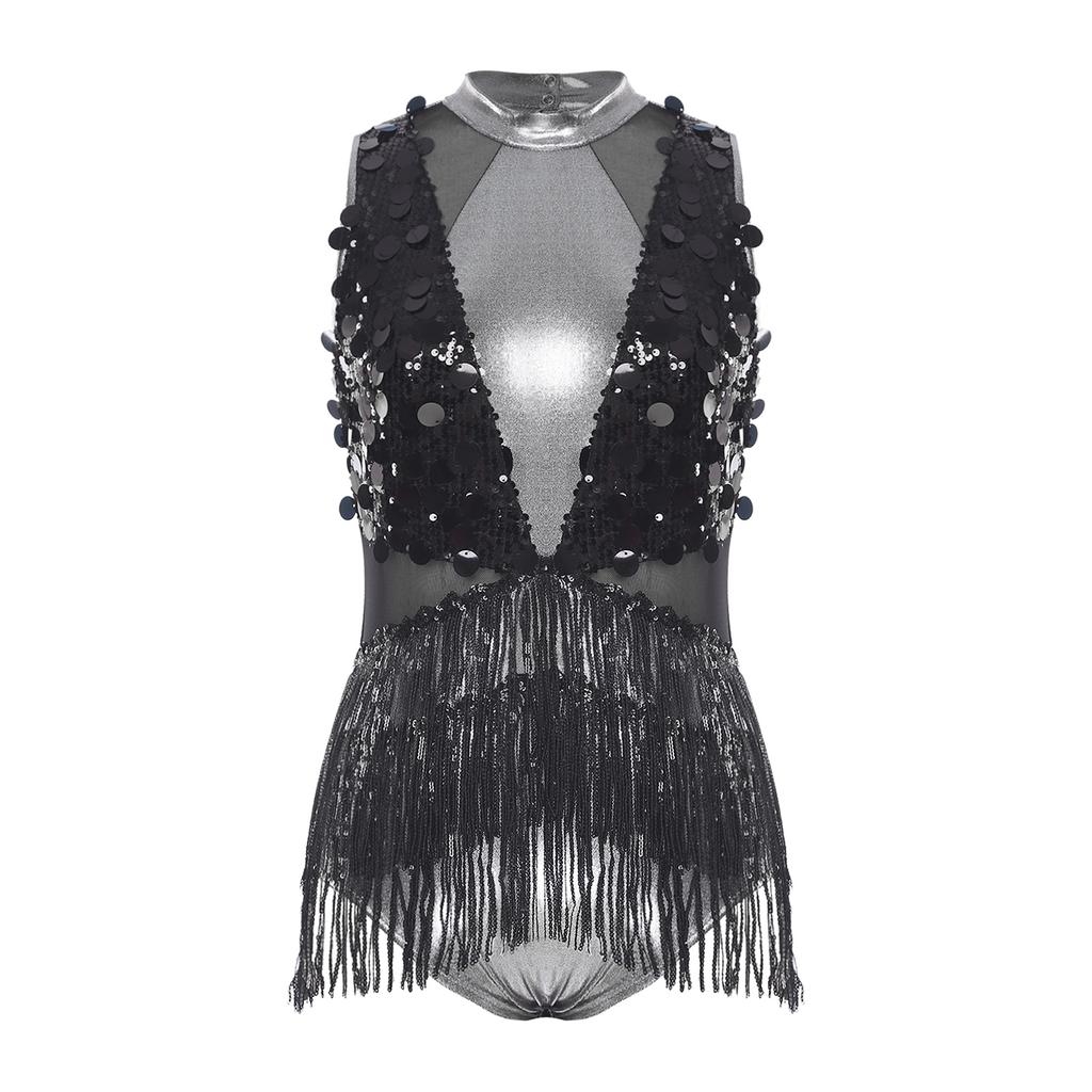 Womens Latin Dance Leotard Sequin Tassel Design Sleeveless Back Cutout Metallic Shiny Patchwork Bodysuit