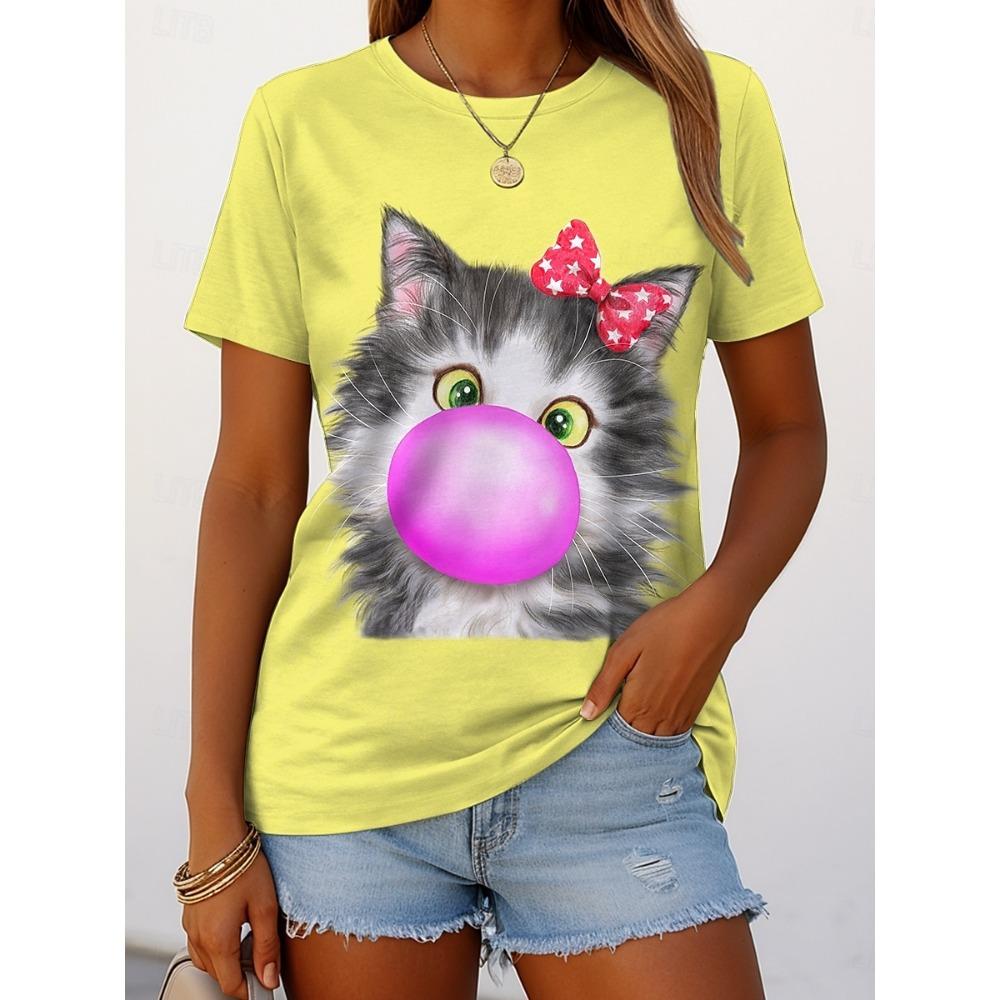 Söt kattmönster 3D-tryckt T-shirt dam sommar O-hals kortärmad topp street lös
