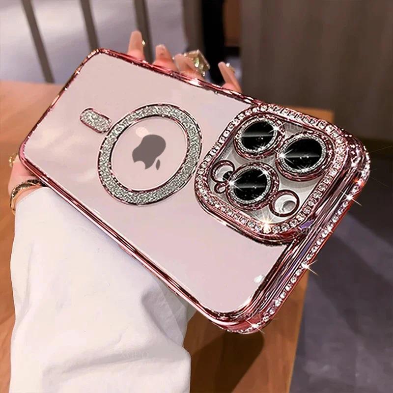 Fashion Crystal Diamond Magnetic Clear Case For iPhone 16 15 14 13 12 11 Pro Max 16 Plus Magsafe Wireless Charge Silicone Cover