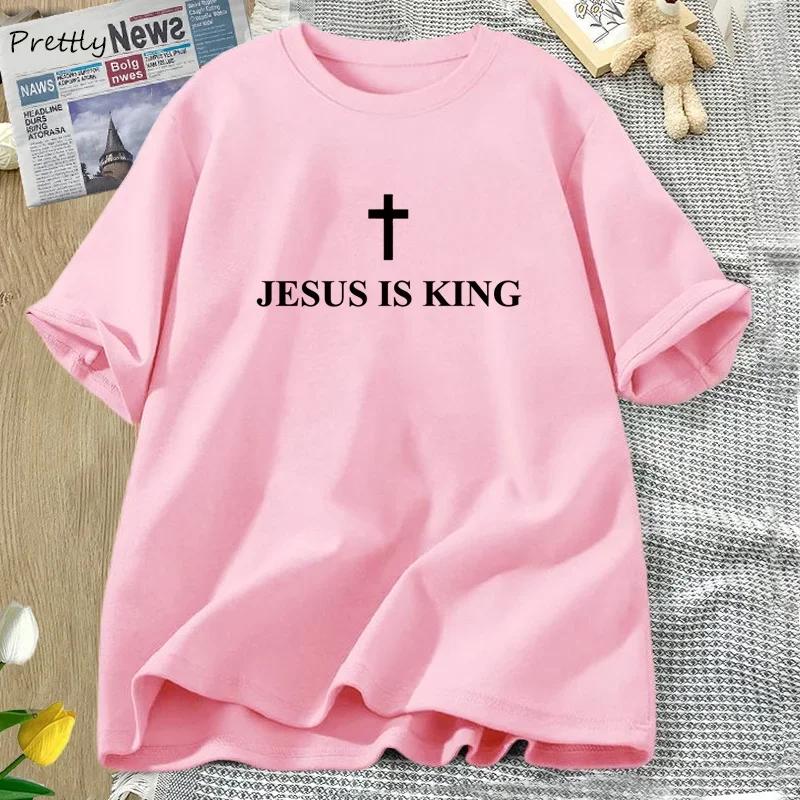Jesus Is King Tshirt Cotton Cross Faith Christian Tshirt Unisex Short Sleeve Religious Tee s Clothing Streetwear New