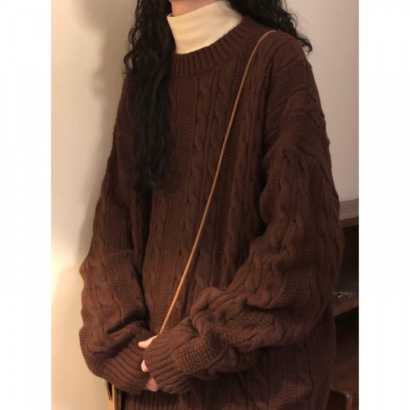 Vintage American Style Braided Knit Sweater Loose Fit Round Neck Pullover Teens