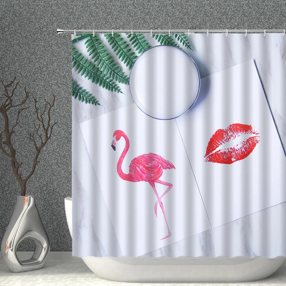 Flamingo Shower Curtains Green Leaf Pink Heart-Shaped Waterproof Polyester Cloth Curtain Set With Hooks Nordic Bath Room Decor