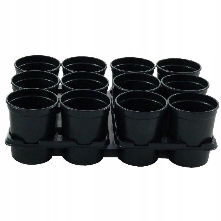 Round black plastic flowerpot, 12 pieces, tray