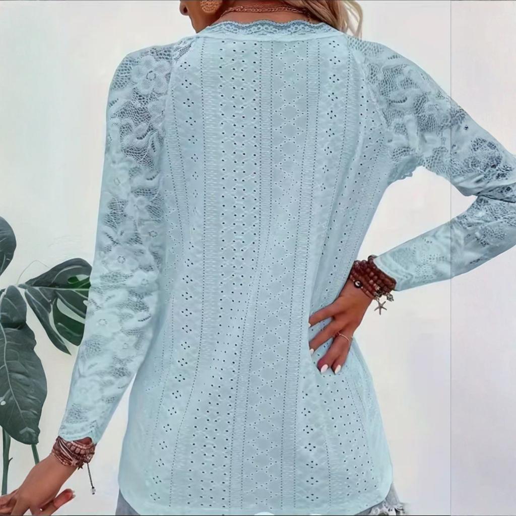 Women's Casual V-neck Lace Patchwork Cutout Blouse Top