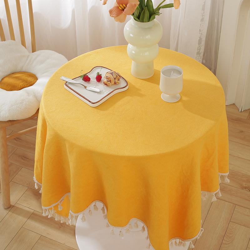 Solid Color Linen Tablecloth With Fringe Round Rectangle Dining Desk Table Cover