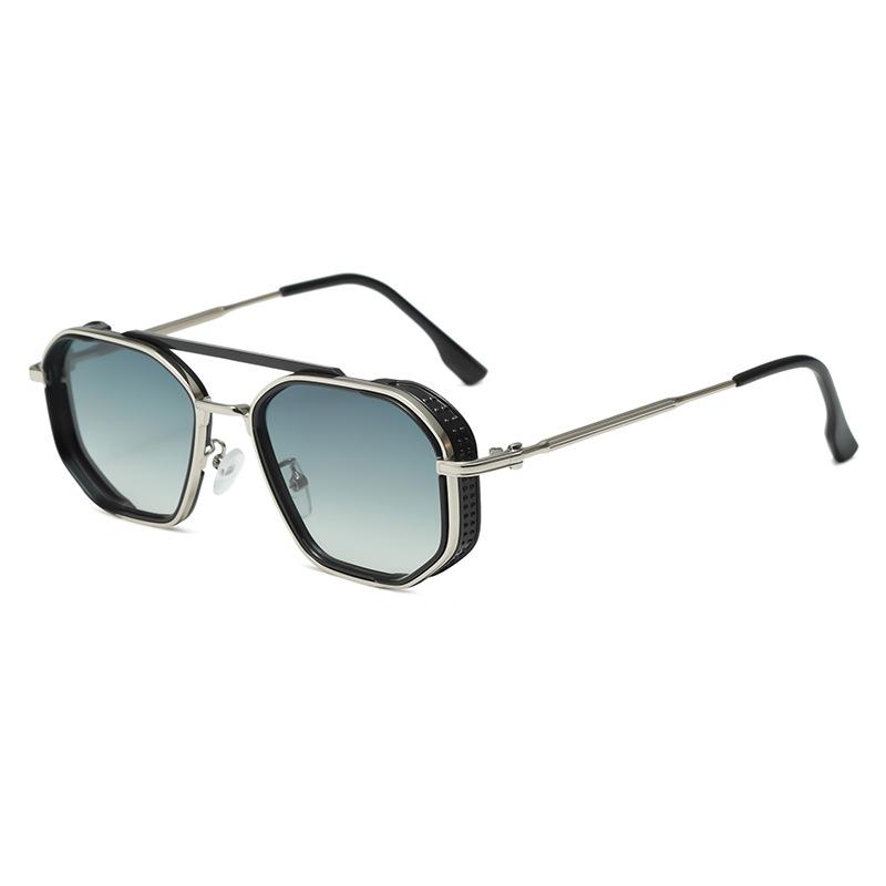 Double beam metal punk sunglasses men's, women's retro ins style European and American ink polygon personalized glasses