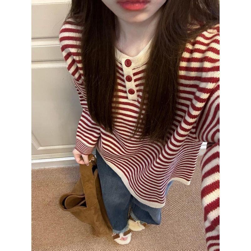 

Lazy Red Stripes Contrast Color Knitting Tops Autumn Wear Loose Sweater Female Fall and Winter 2024 New Arrival Best Selling Red S