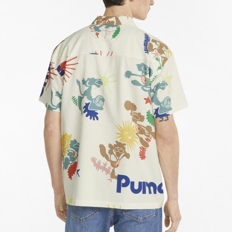 Puma Adventure Planet Aop Letter Print Square Neck Short Sleeve Shirt Men Shirts White 533484-65