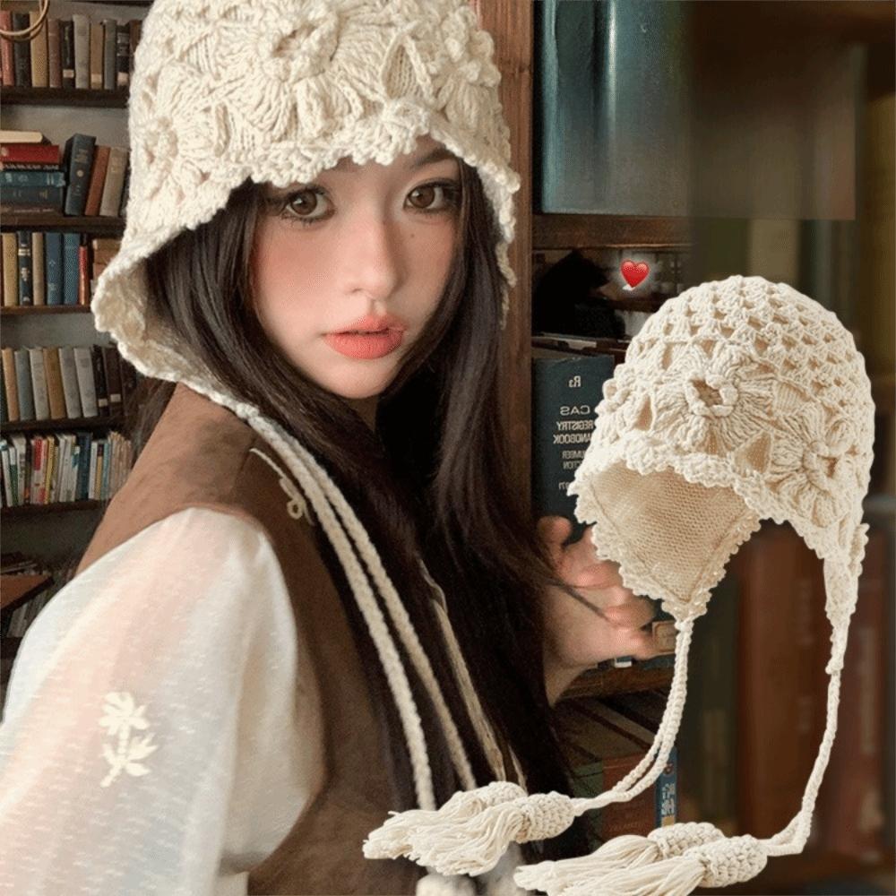Casual Hollowed-out Flower Bonnet Hat Hand Woven Long Tassel Knitted Ear Protection Hat Windproof Pullover Hat