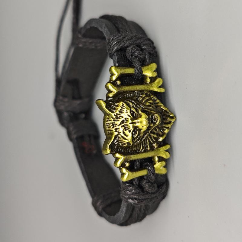 

European & American Retro Woven PU Leather Adjustable Wolf Head Bracelet for Men