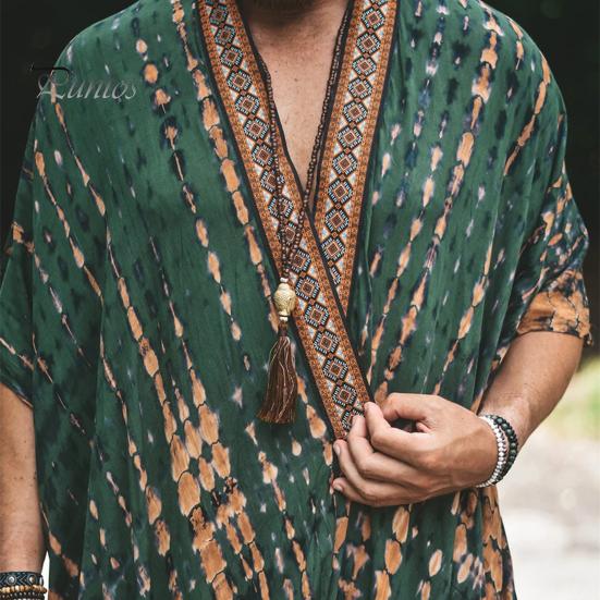 Men Beach Coat Retro Style Mid-Length Loose Fit Printing Sun Protection Jacket Open Front Long Outwear