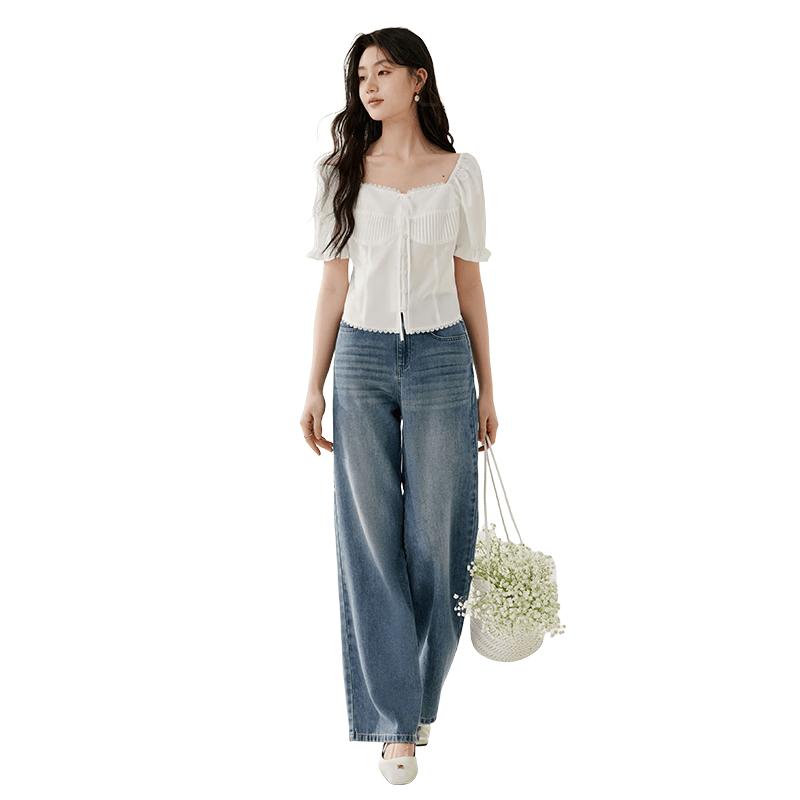Women s White Square Neck Lace Puff Sleeve Shirt S