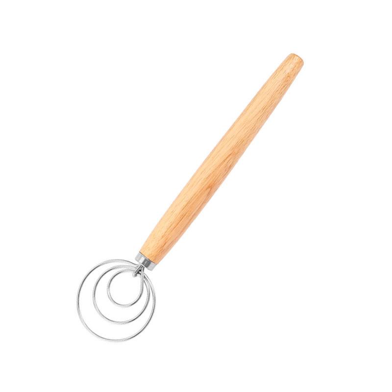 13" Oak Handle Danish Dough Mixer & Egg Beater - Stainless Steel Whisk Tool