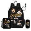 Learn, Travel Football Sport Rucksack Ronaldo 3 Pcs Set Kids Backpack Shoulder Bag, Pencil Bag, Football Star Knapsack