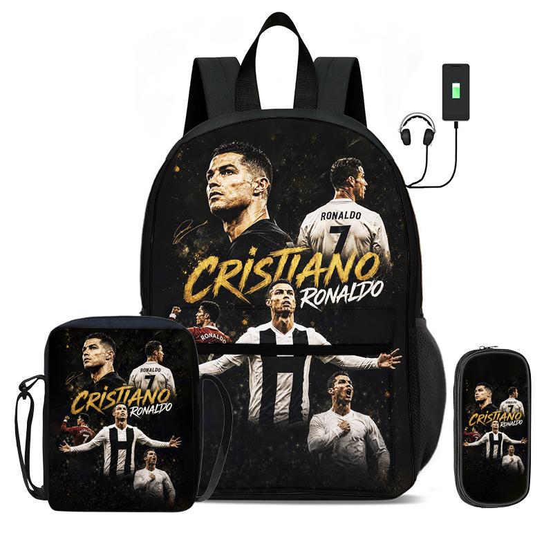 Learn, Travel Football Sport Rucksack Ronaldo 3 Pcs Set Kids Backpack Shoulder Bag, Pencil Bag, Football Star Knapsack