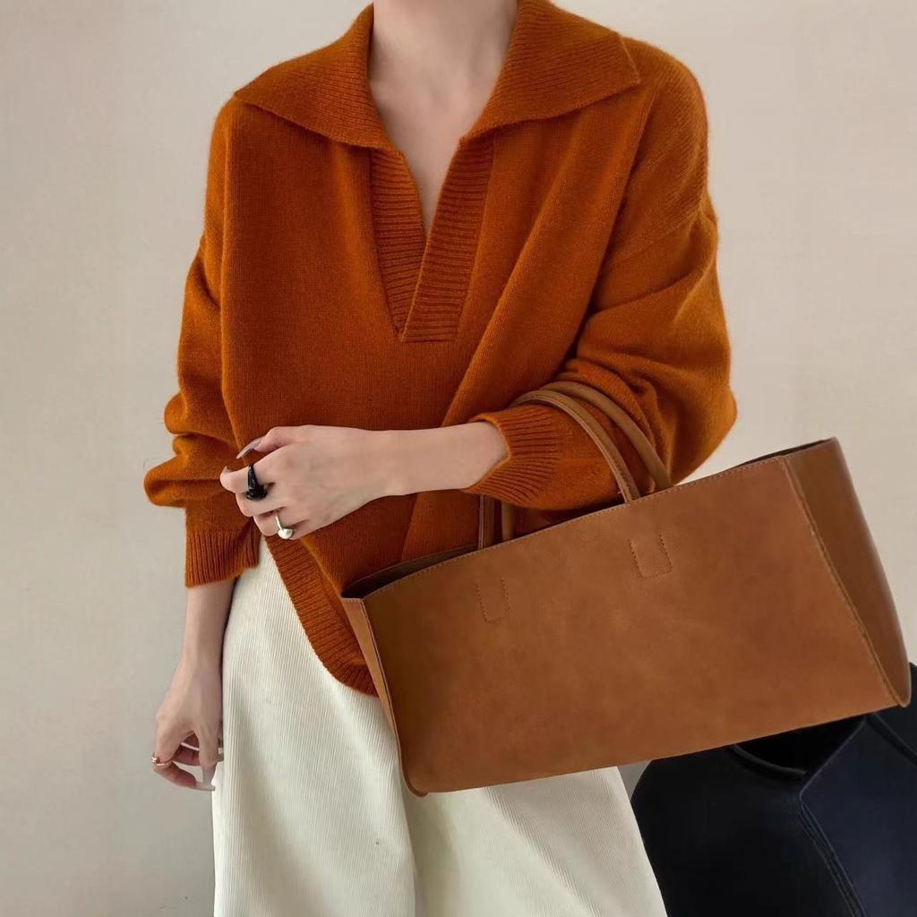 Old Money Style Women's Loose Wool Polo Neck Sweater - Autumn/Winter Knit Top