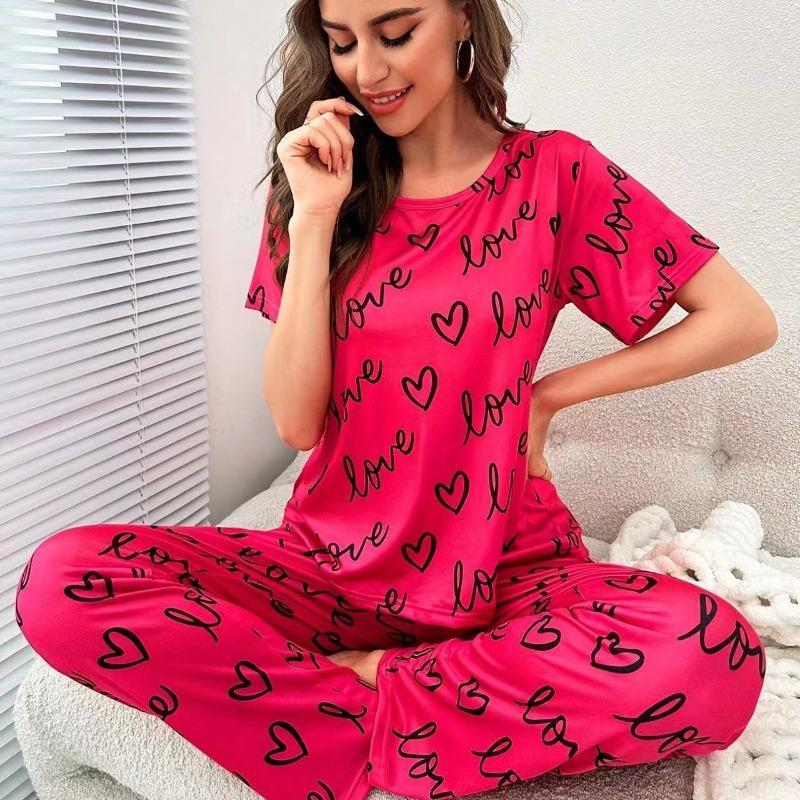 

Женская пижама темно-розового цвета с короткими рукавами и принтом в виде букв, футболка и брюки, одежда для сна With2Pieces, повседневная домашняя одежда XL розы красного