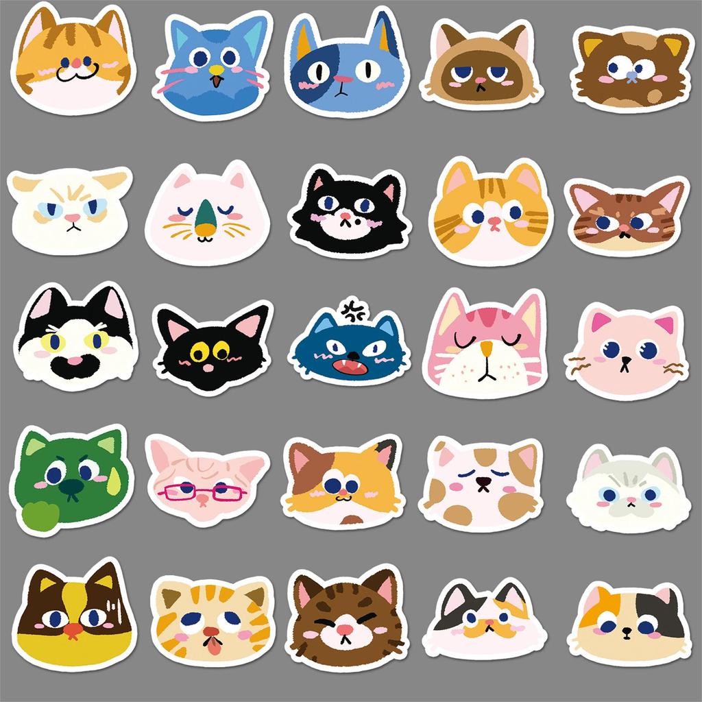 50PCS Cute Cat Head Stickers: Original Cartoon Graffiti Waterproof Decals for Journals and Thermos Cups.