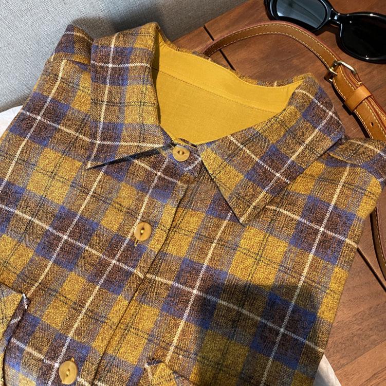 Hurry! Retro Plaid Double Pocket Yarn-Dyed Cotton Turn-Down Collar Shirt for Women - Perfect for Autumn