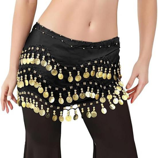 Belly Dance Hip Scarf Women Waist Scarf Belly Dance Skirt with 98 Golden Coins Knot Tying Hip Wrap for Dance Training Performance Beach Wear