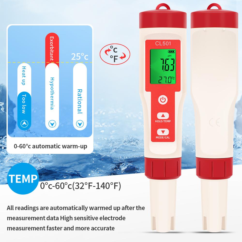 PH/CL2/H2/ORP/Temperature Meter Chlorine Detector Digital Water Quality Tester for Pools Drinking Water Aquariums Aquaculture