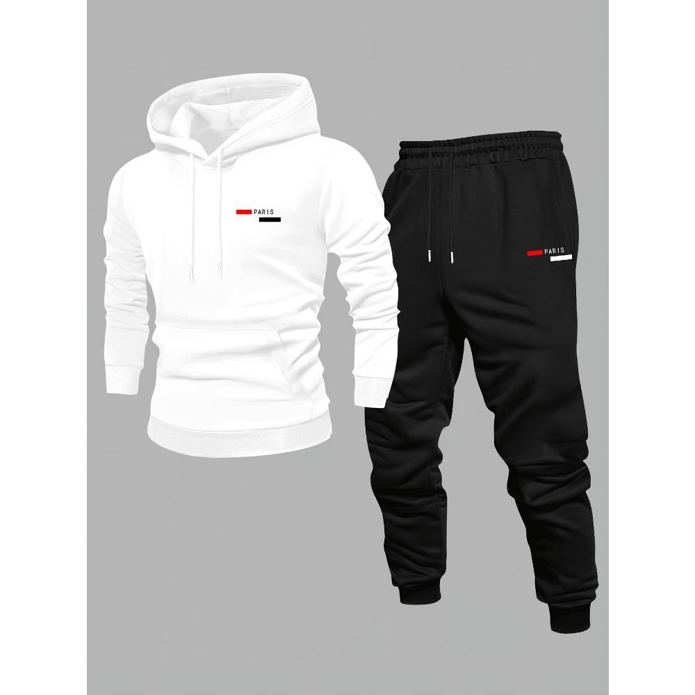 Casual Geometric Hoodie Set, Loose Fit Men s Hoodie and Pants Set, Casual Geometric Pattern Sportswear S