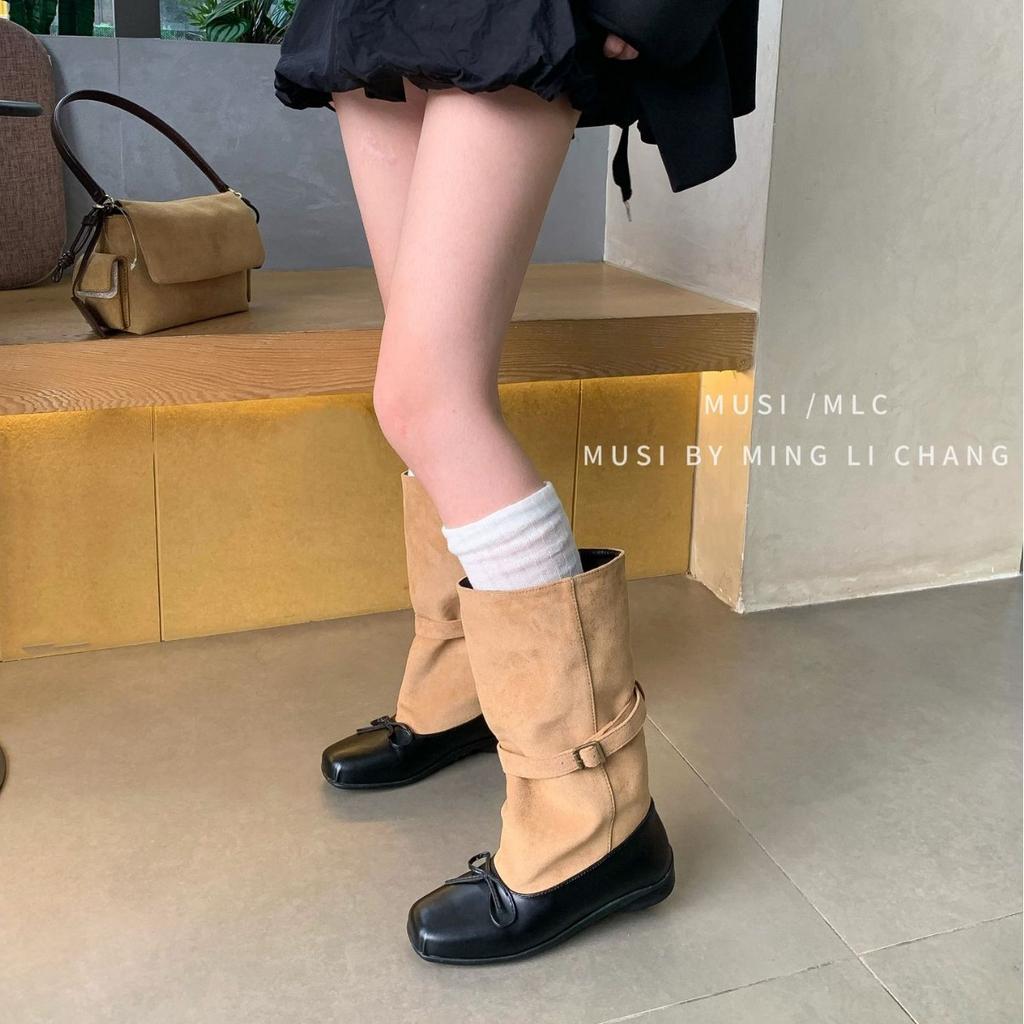2025 autumn and winter new square head splicing thin boots belt buckle thick heel thick sole but knee thin women's boots