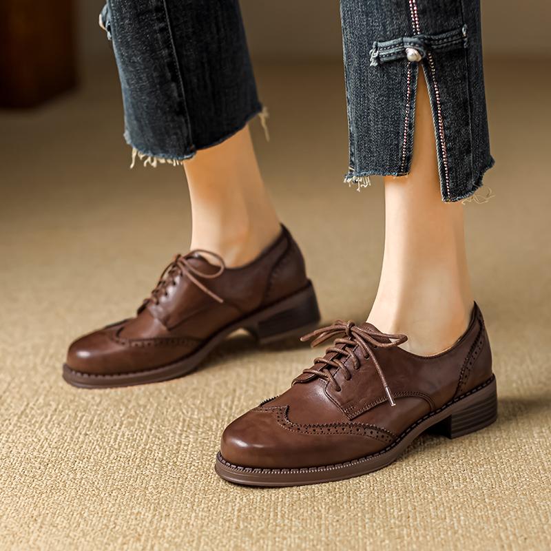 2024 Dámské lodičky Oxfords Podzimní boty pro ženy Dámské boty z pravé kůže Retro šněrovací mokasíny Neformální Ručně vyráběné černé dívčí boty